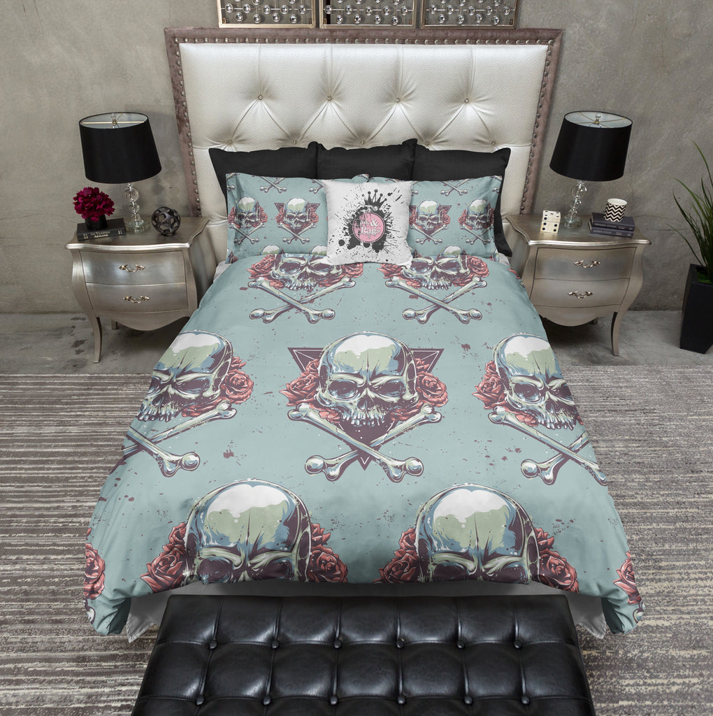 Sinister and Sweet Triangle Rose Skull and Crossbone Bedding Collection
