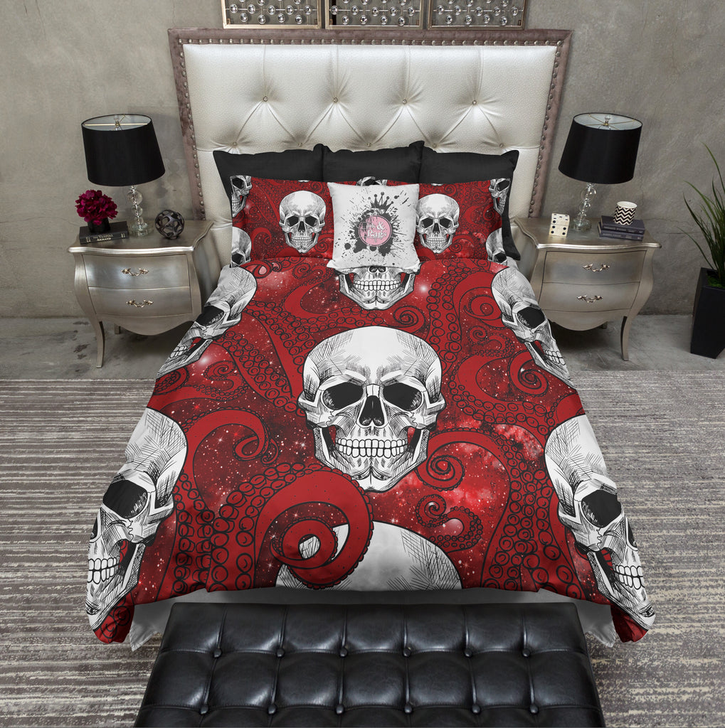 Red Octopus Tentacle Red Galaxy and Skull Bedding Collection