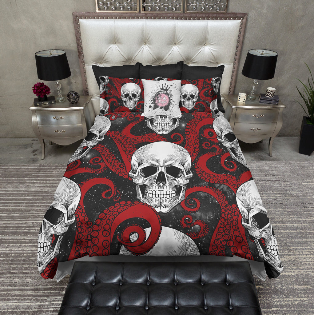 Red Octopus Tentacle Black Galaxy and Skull Bedding Collection