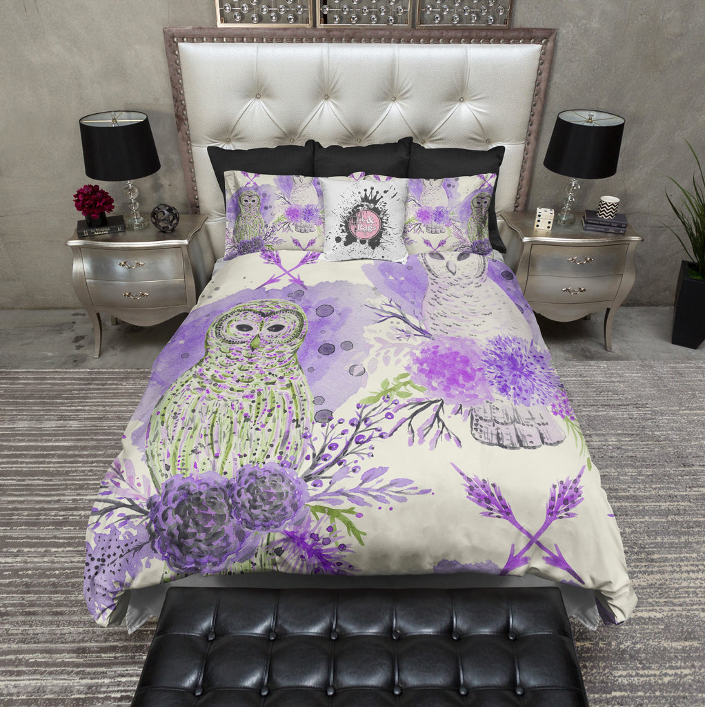 Purple and Green Watercolor Owl CREAM Bedding Collection