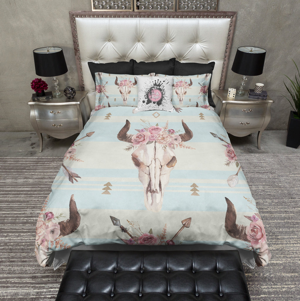 Boho Chic Stripe and Rose Bull Skull Bedding Collection