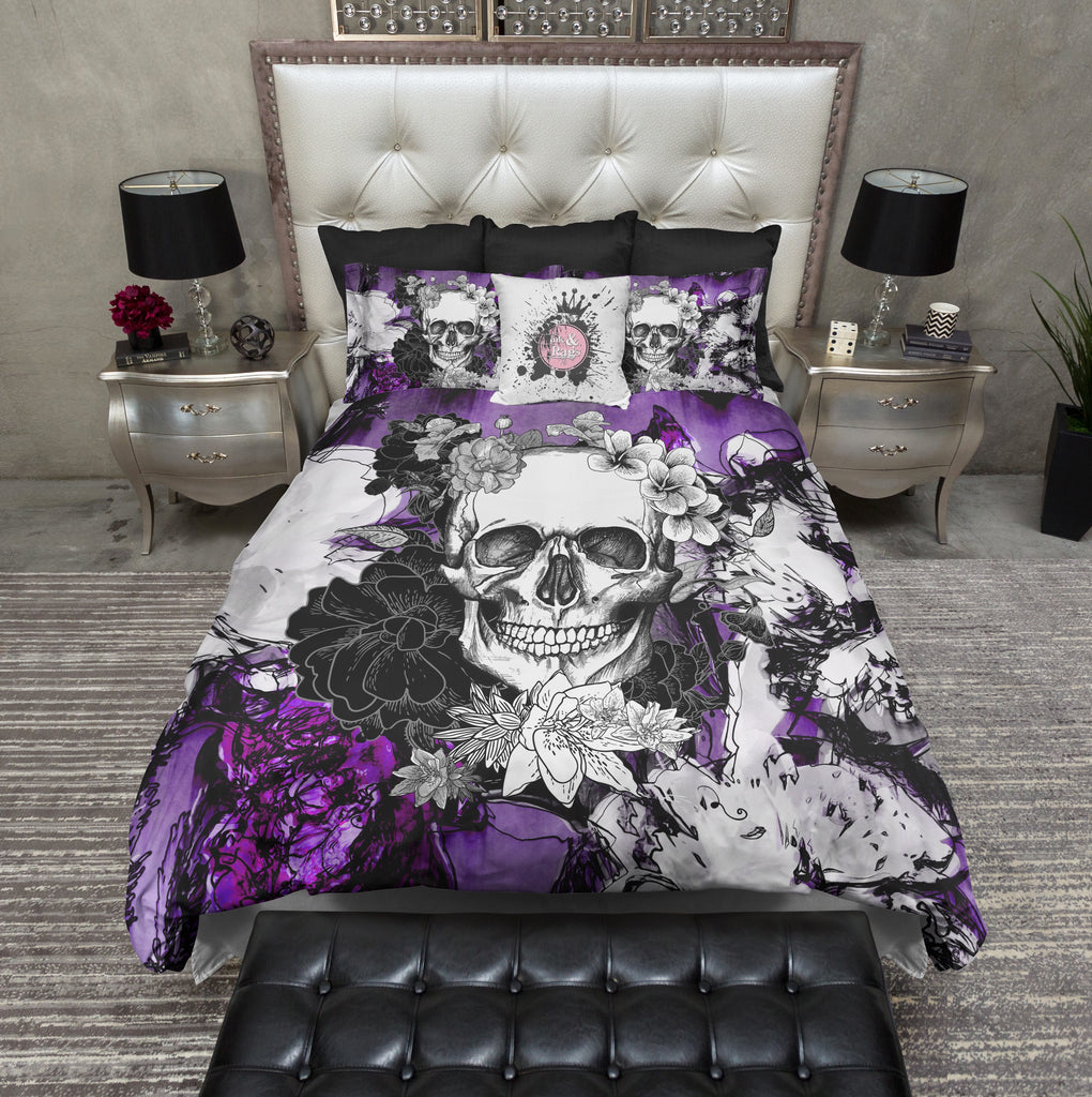 Abstract Purple Flower Skull Bedding Collection