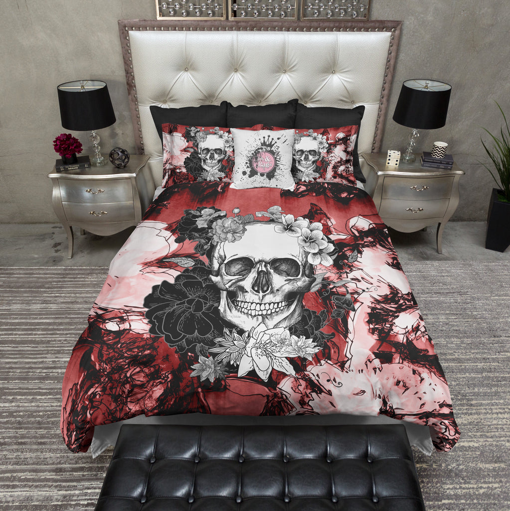 Abstract Red Flower Skull Bedding Collection