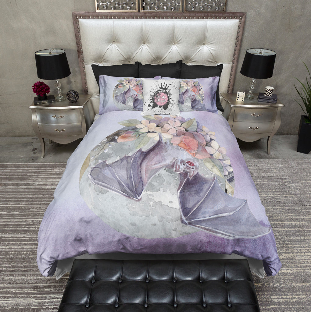 Lavender Fruit Bat Moon and Flower Bedding Collection