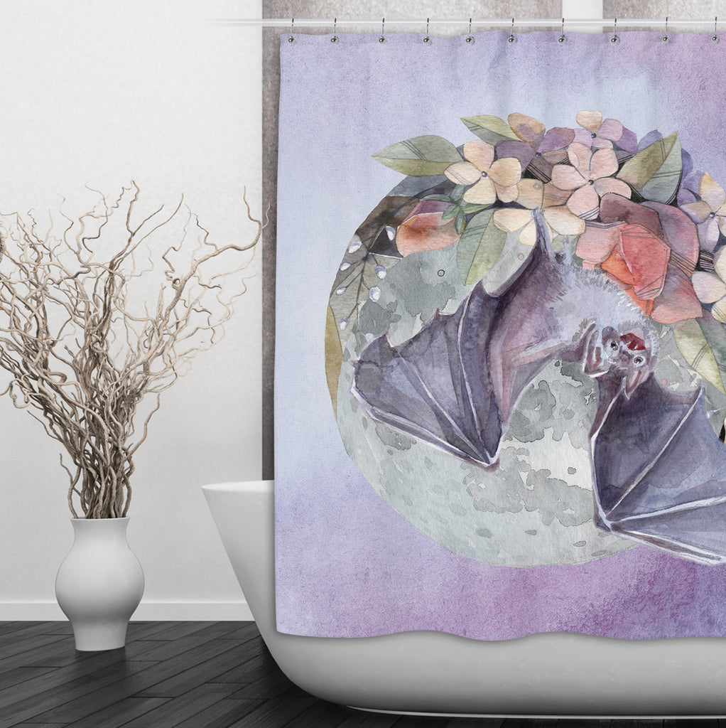 Lavender Fruit Bat Moon and Flower Shower Curtains and Optional Bath Mats