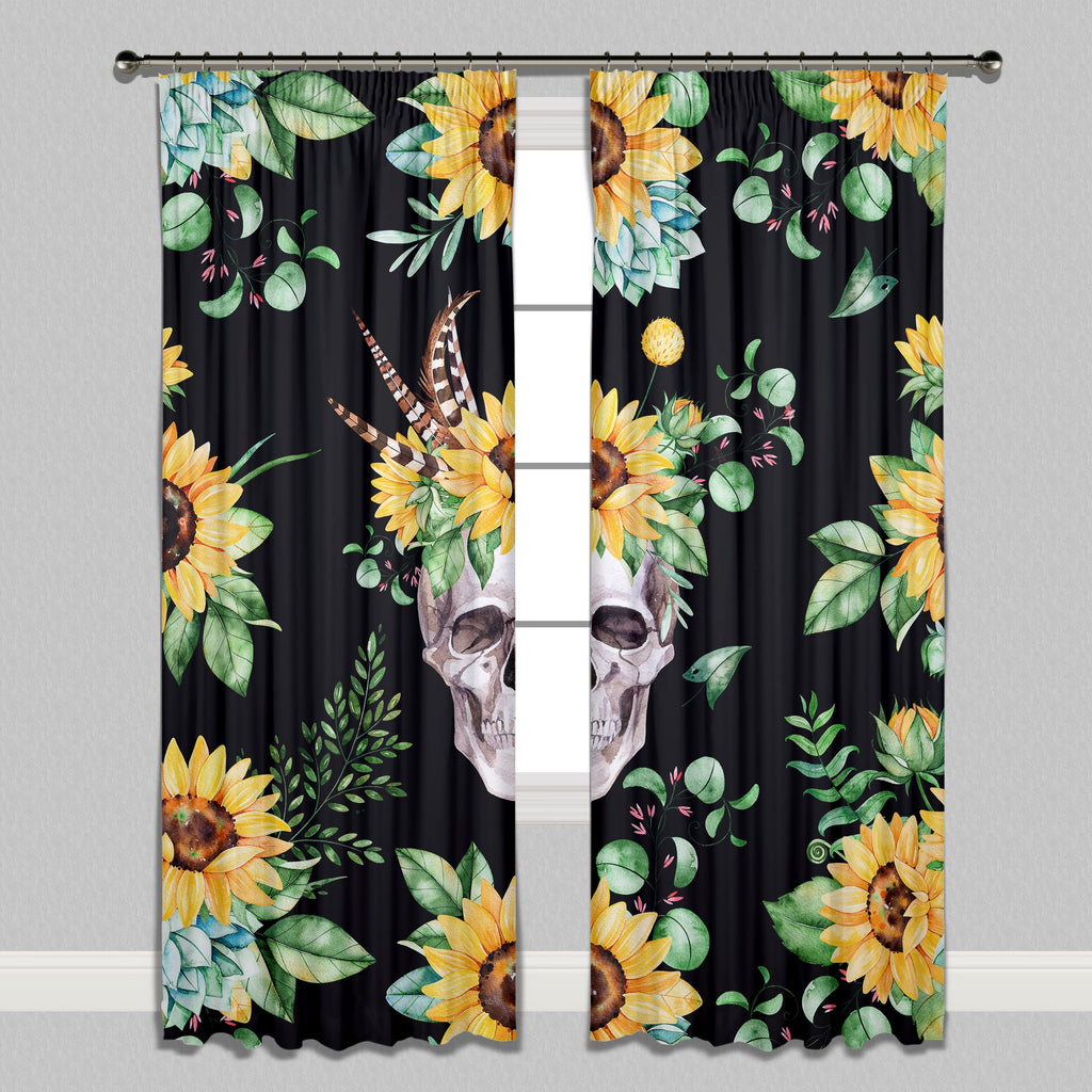 Sunflower and Human Skull on Black Curtains