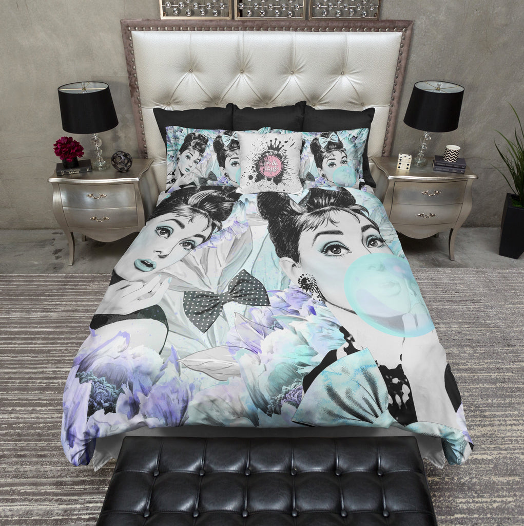 Breakfast at Tiffany Blue and Purple Audrey Hepburn Fashion Bedding Collection