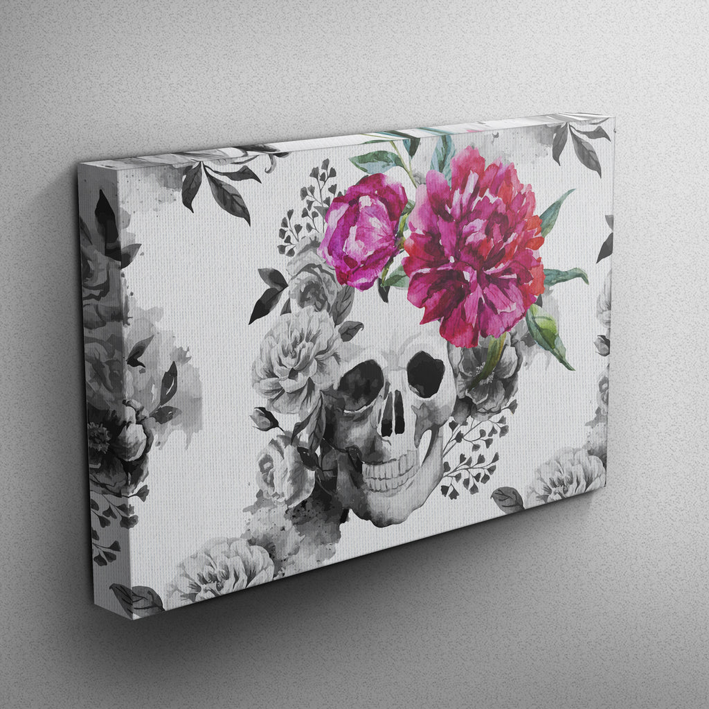 Pink Watercolor Flower and Skull Gallery Wrapped Canvas (WHITE)