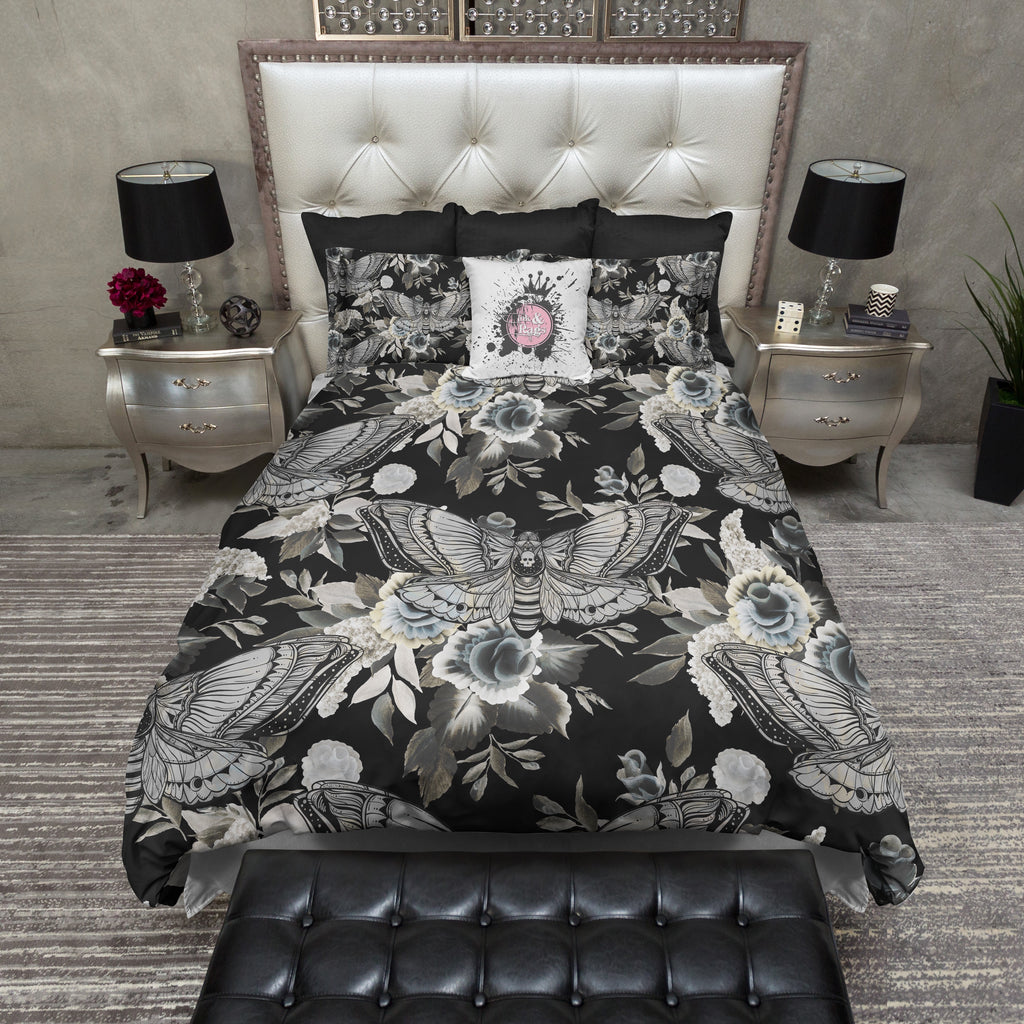 Dark Flowers and Death Moth Skull Bedding Collection