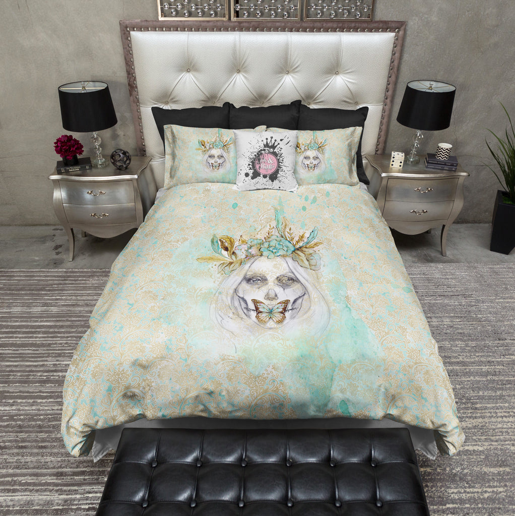 Boho Painted Lady Teal and Gold Sugar Skull Scroll Bedding Collection