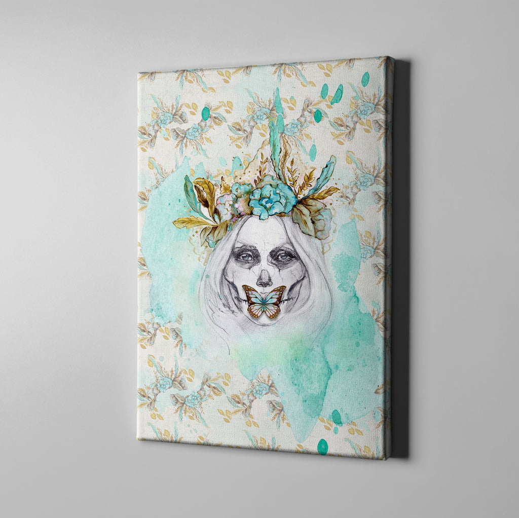 Boho Painted Lady Teal and Gold Sugar Skull Wrapped Canvas