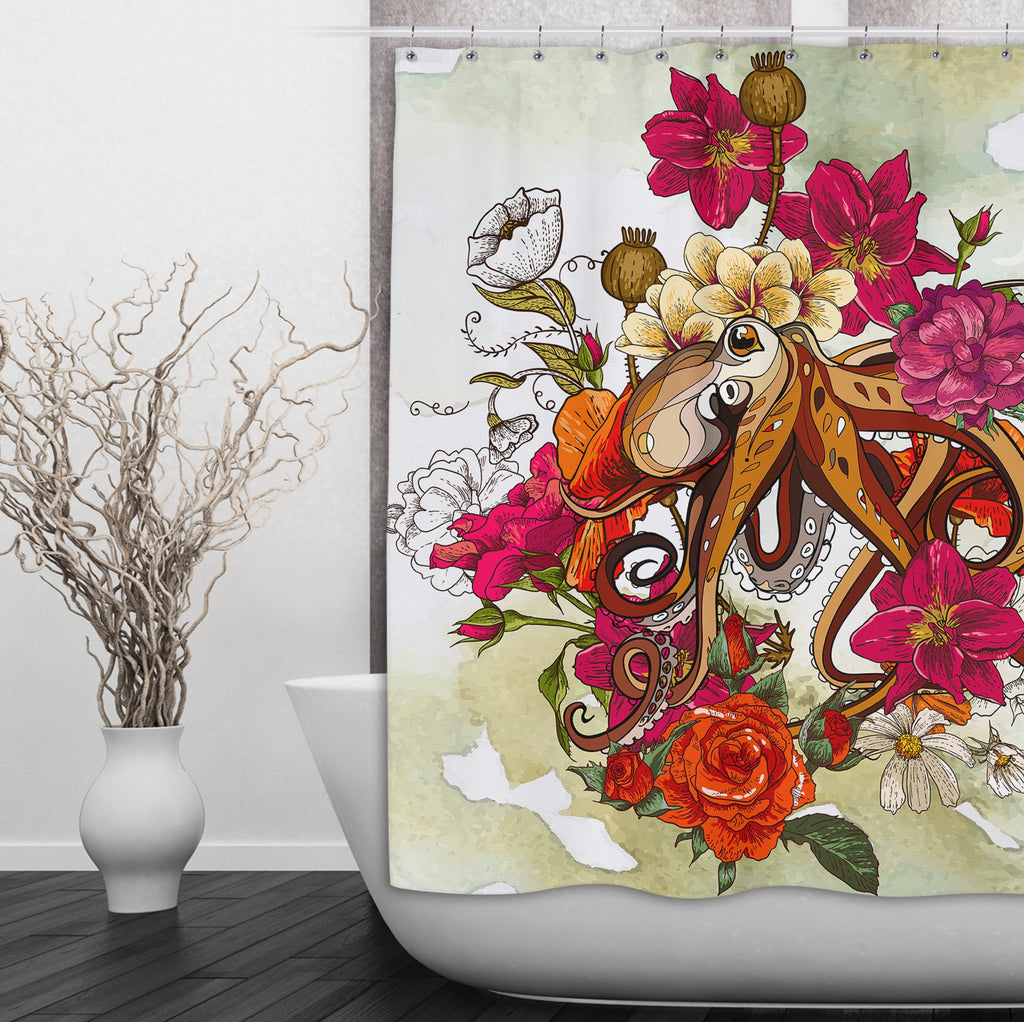 Octopus and Flowers Shower Curtains and Optional Bath Mats