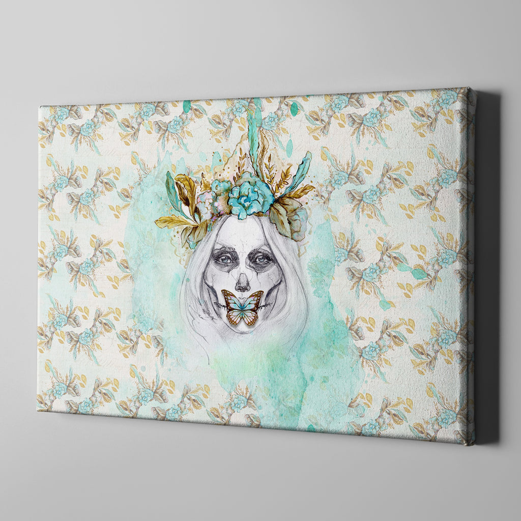 Boho Painted Lady Teal and Gold Sugar Skull Wrapped Canvas