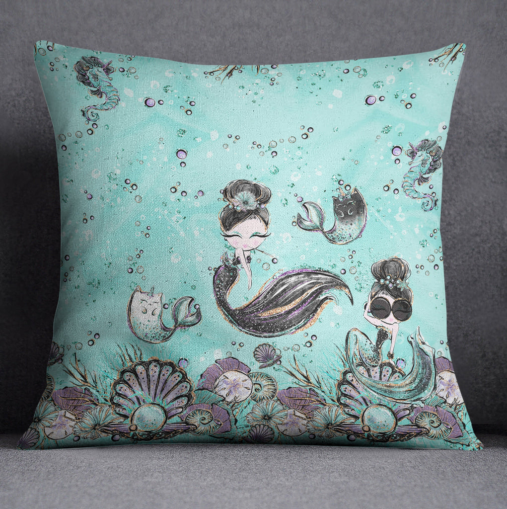 Audrey Hepburn Mermaid Sisters Caticorn Fashion Throw Pillow