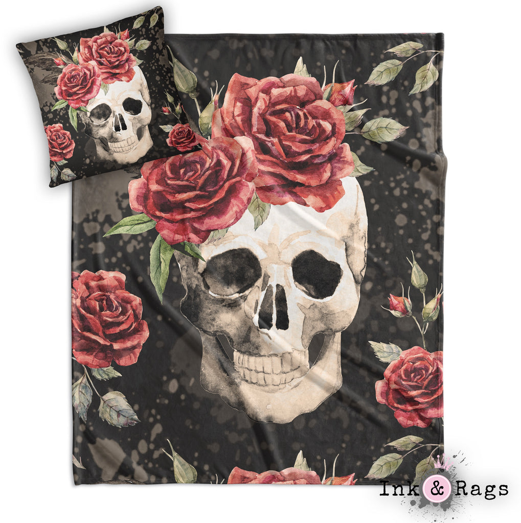 Antiqued Red Rose Skull Decorative Throw and Pillow Cover Set