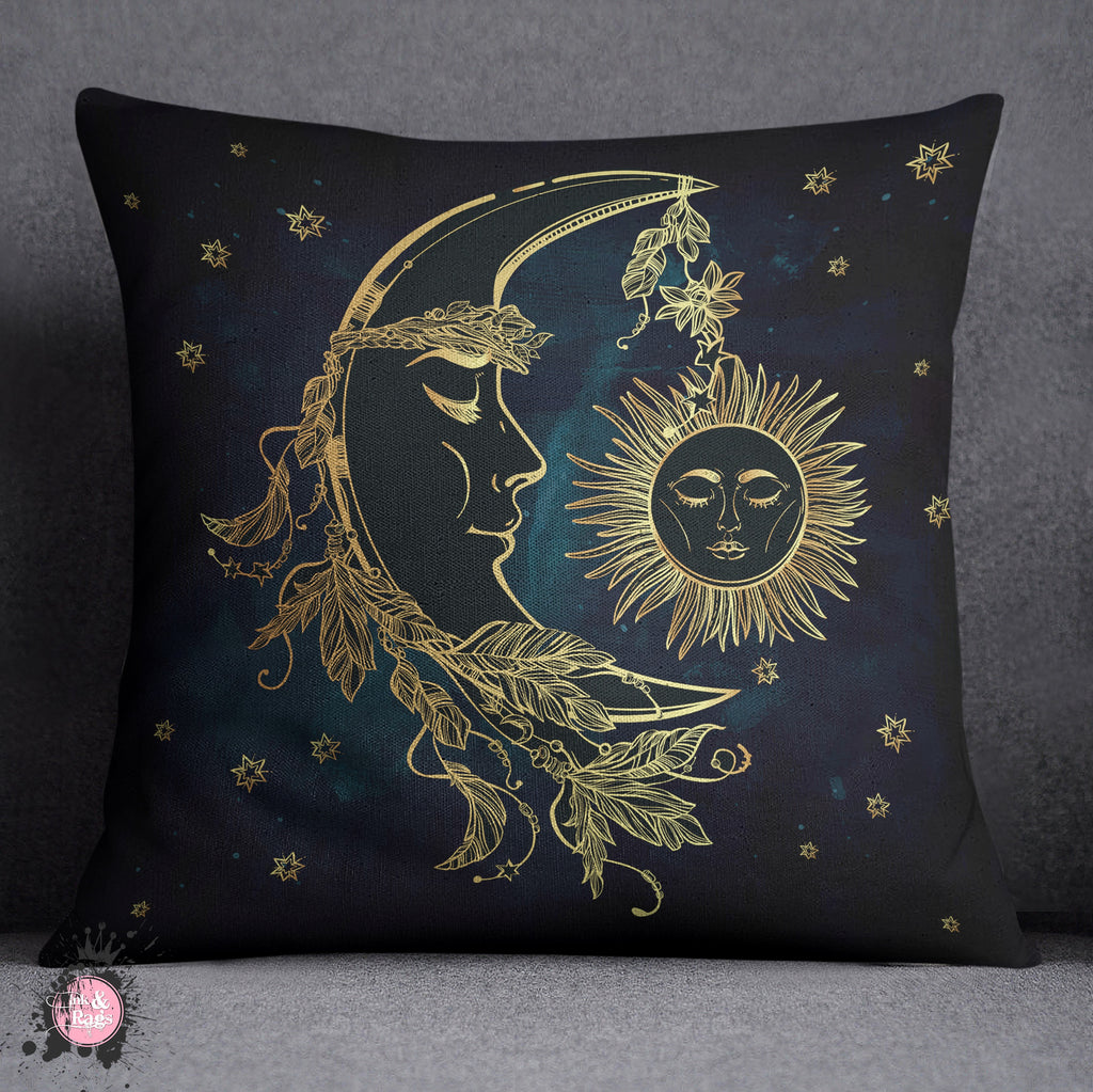 BOHO Midnight Black and Teal with Gold Sun and Moon Decorative Throw and Pillow Cover Set