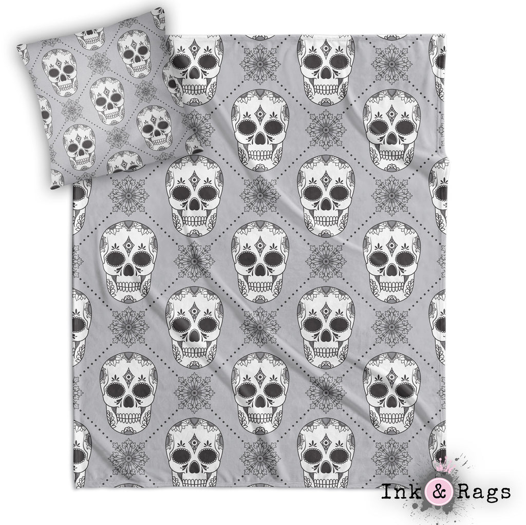 Black White and Silver Harlequin Sugar Skull Decorative Throw and Pillow Cover Set