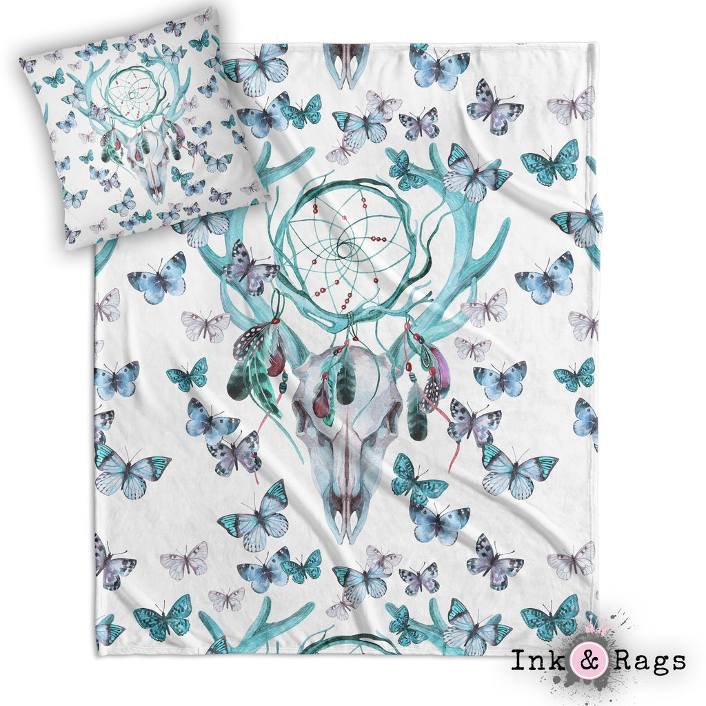 Blue Green Dreamcatcher Butterfly Buck Deer Skull Decorative Throw and Pillow Cover Set