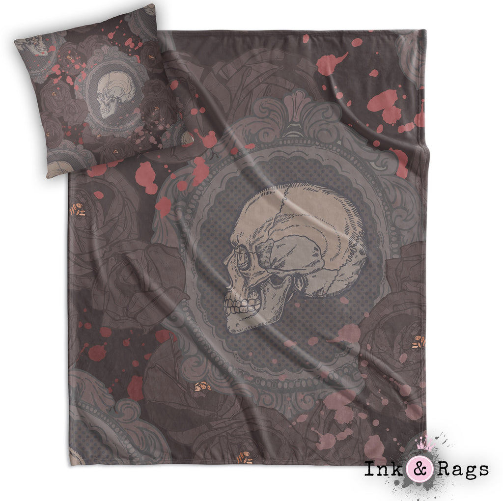 Dark Cameo Rose Skull Decorative Throw and Pillow Cover Set