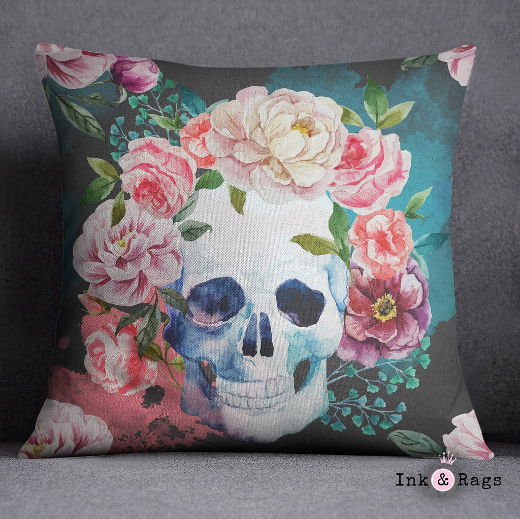 Green and Grey Watercolor Skull Decorative Throw and Pillow Cover Set