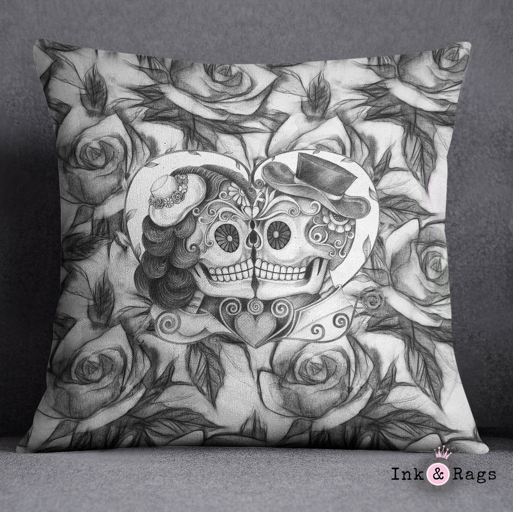 Kissing Couple Black and White Sugar Skull Rose Decorative Throw and Pillow Cover Set