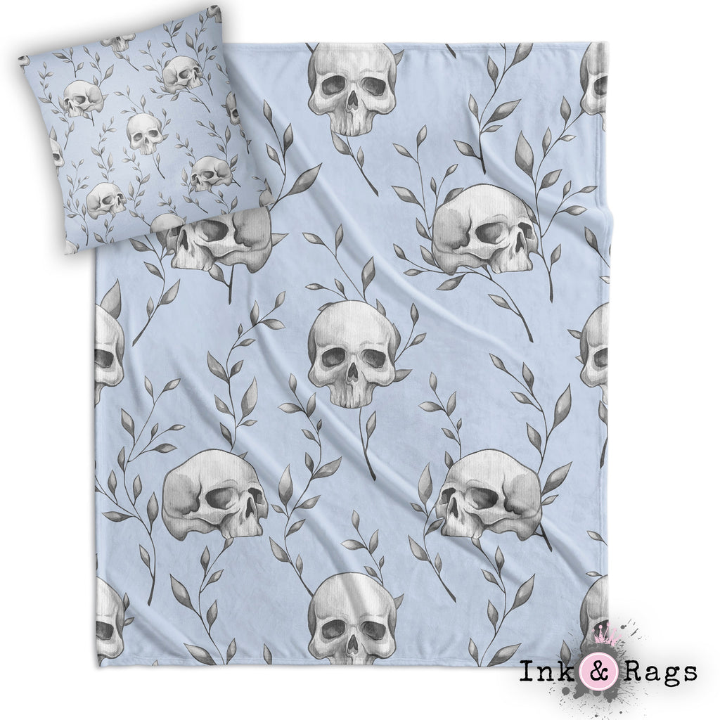 Powder Blue Skull and Branch Decorative Throw and Pillow Cover Set
