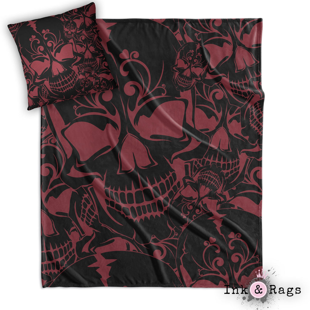 Red and Black Collage Skull Throw and Pillow Cover Set