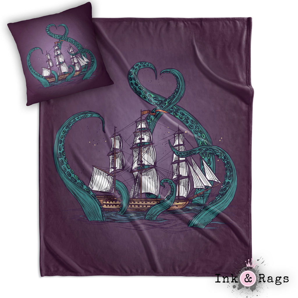 Teal and Purple Kraken Ship Decorative Throw and Pillow Cover Set