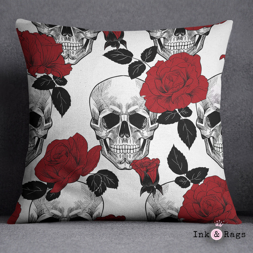 Black White and Red Rose Skull Throw and Pillow Cover Set
