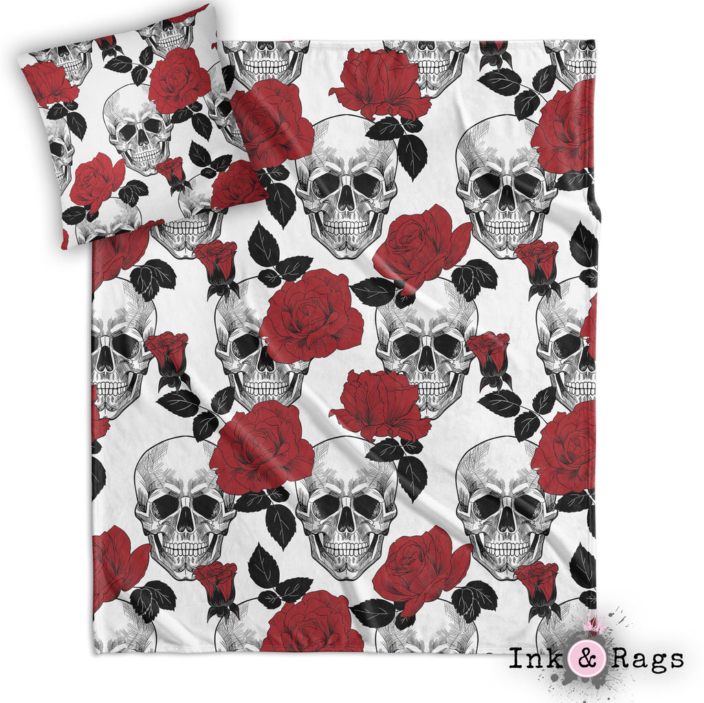 Black White and Red Rose Skull Throw and Pillow Cover Set