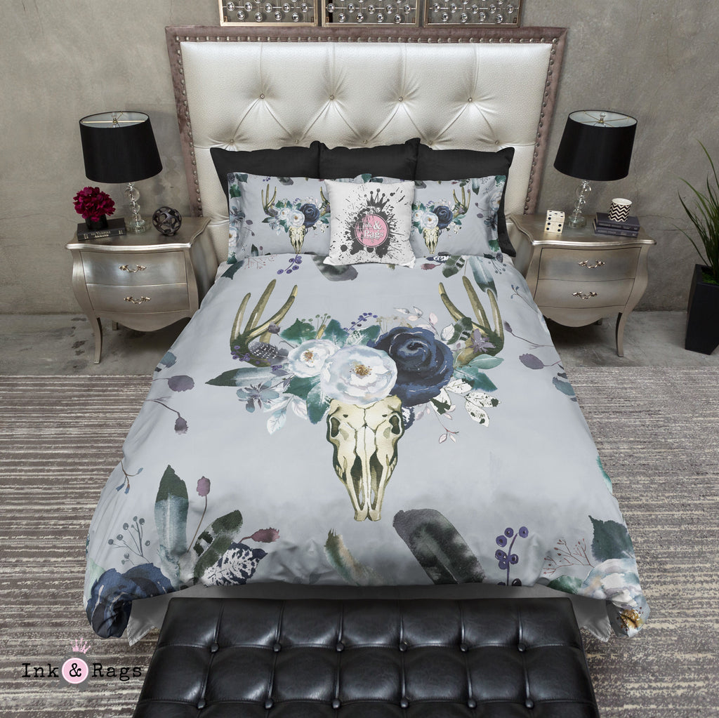 Blue Purple and Green Watercolor Deer Flower and Buck Skull Bedding Collection