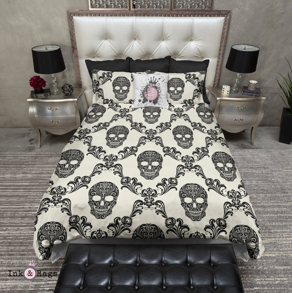 Black Damask Sugar Skull CREAM Bedding Collection