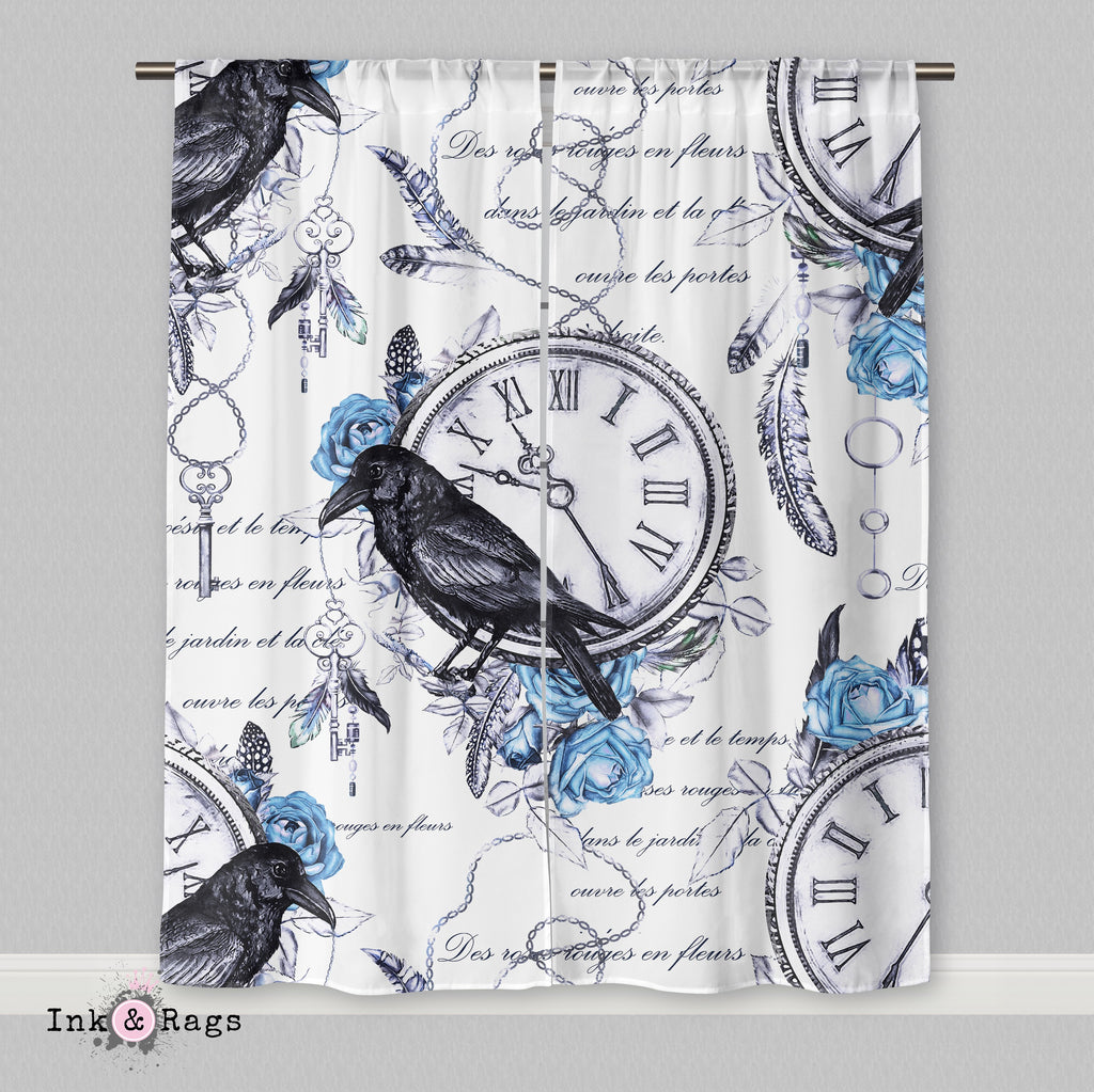 Vintage Blue Rose Raven Clock Boho Feather  Curtains