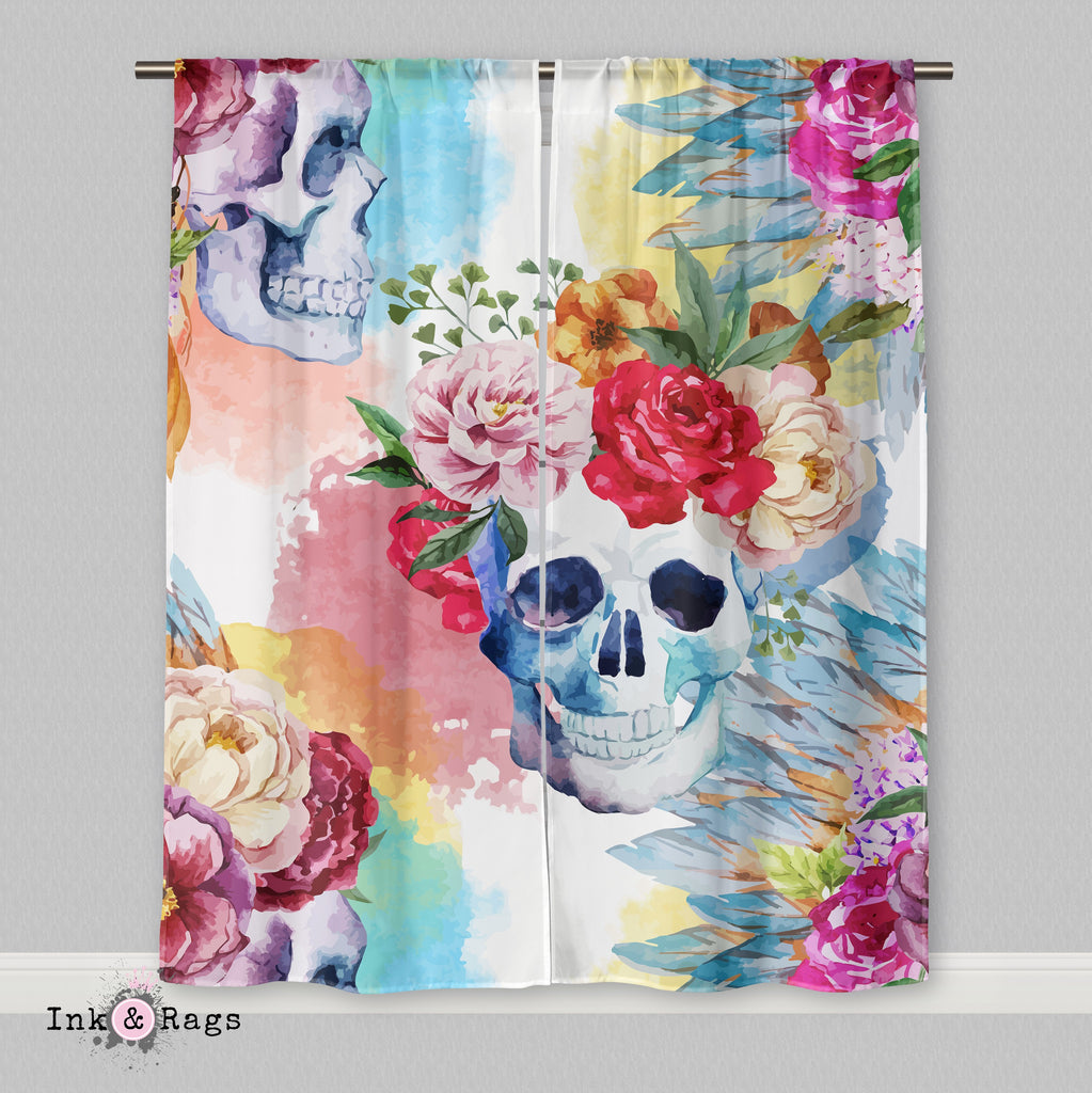 Bright Watercolor Skull and Flower Native American Indian Headdress Curtains