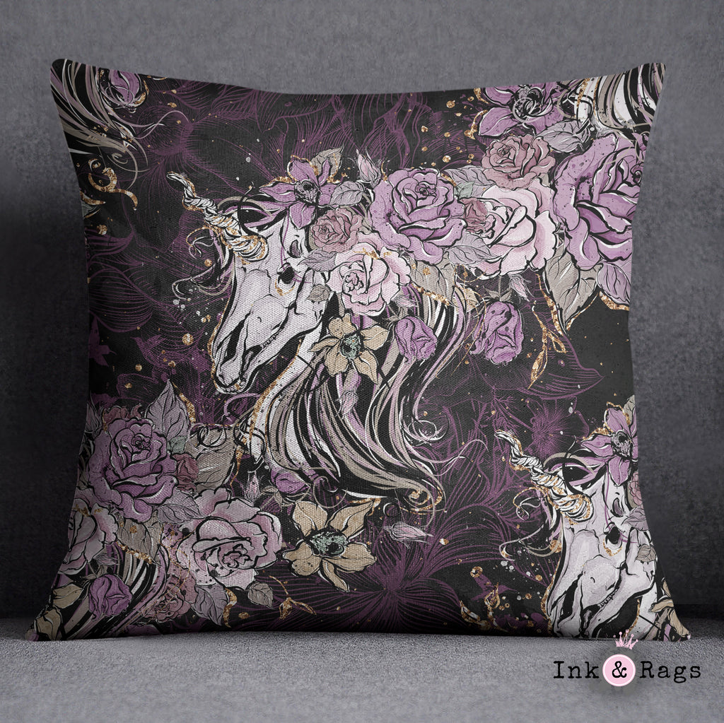 Purple Rose Unicorn Skull and Death Moth Throw Pillow