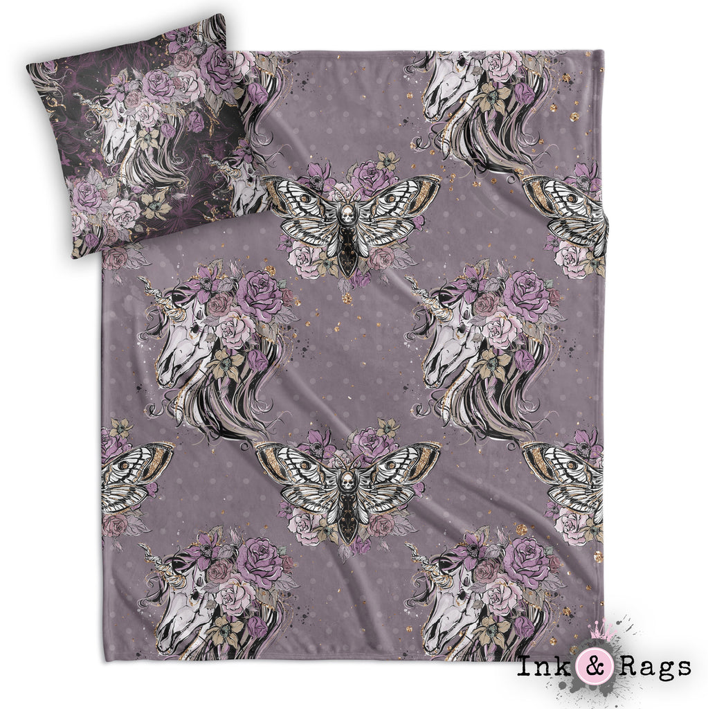 Purple Rose Unicorn Skull and Death Moth Decorative Throw and Pillow Cover Set