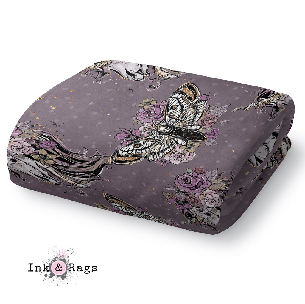 Purple Rose Unicorn Skull and Death Moth Decorative Throw and Pillow Cover Set