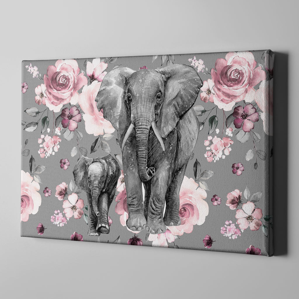 Pink Rose Mama and Baby Elephant Gallery Wrapped Canvas