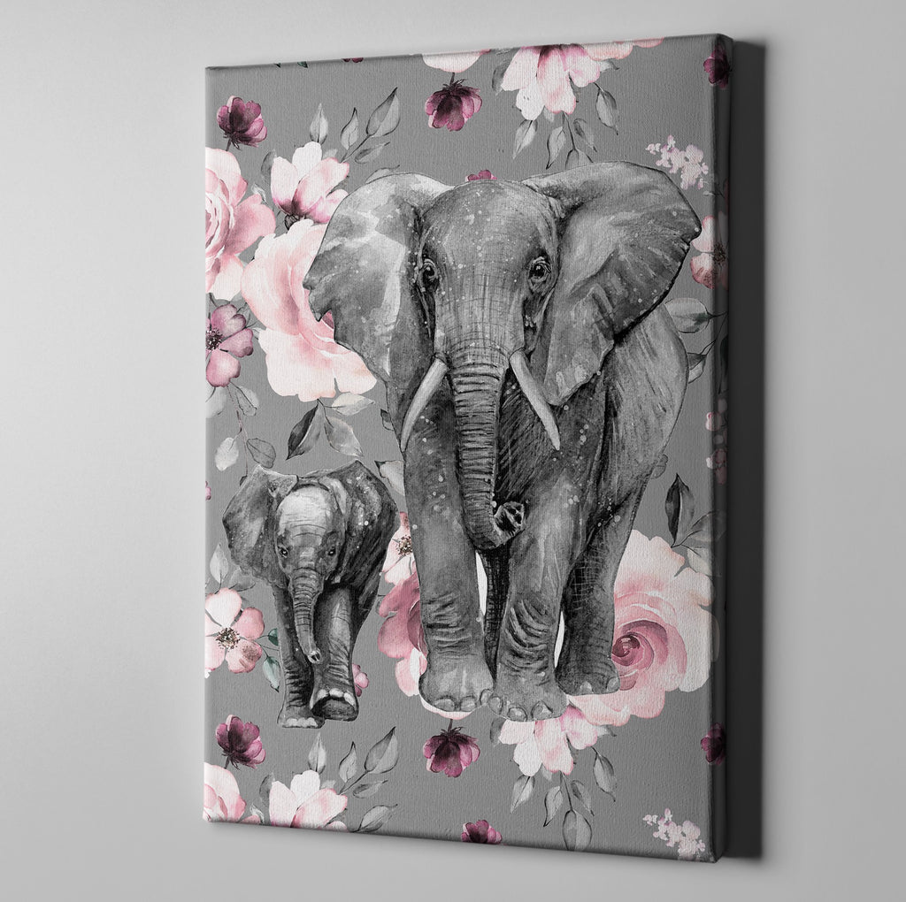 Pink Rose Mama and Baby Elephant Gallery Wrapped Canvas
