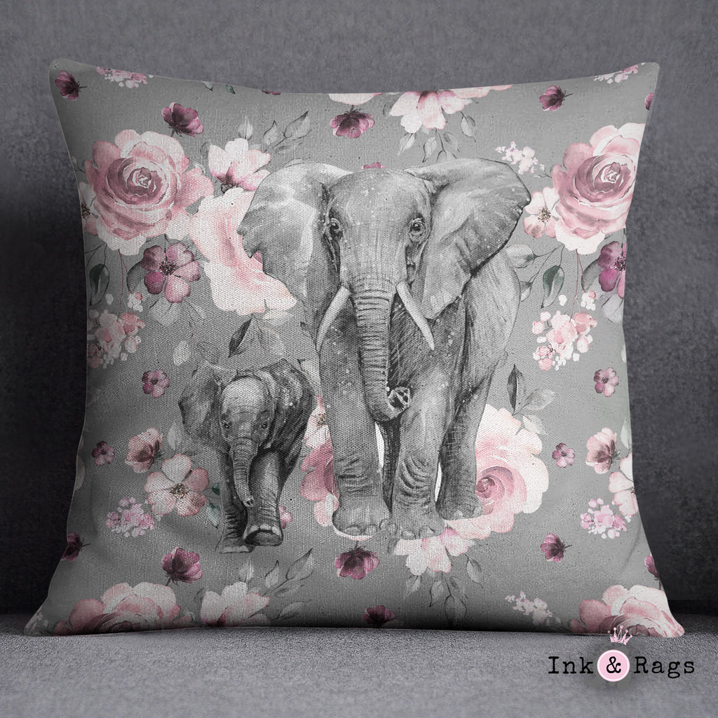 Pink Rose Mama and Baby Elephant Decorative Throw and Pillow Cover Set