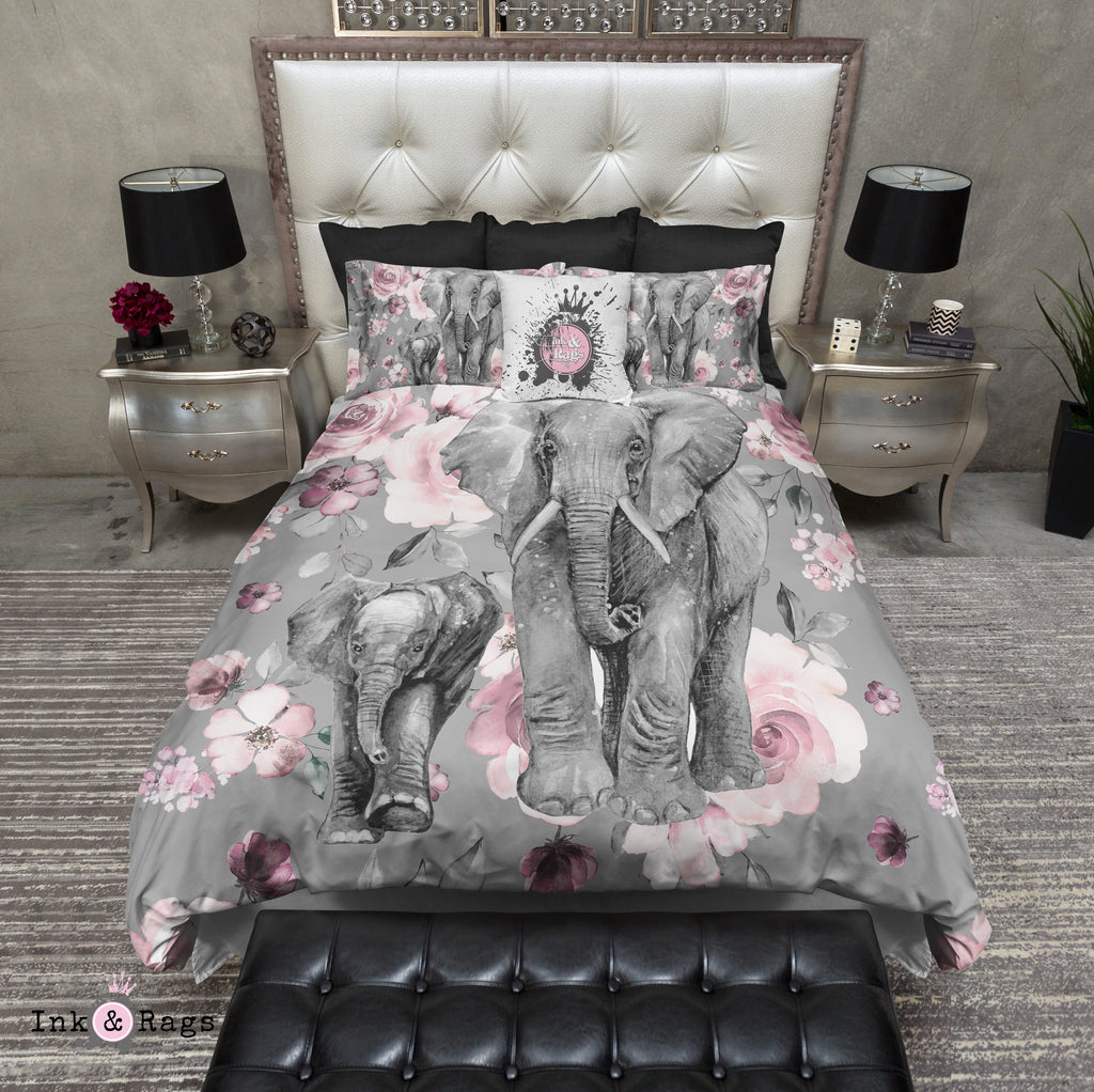 Pink Rose Mama and Baby Elephant Bedding Collection
