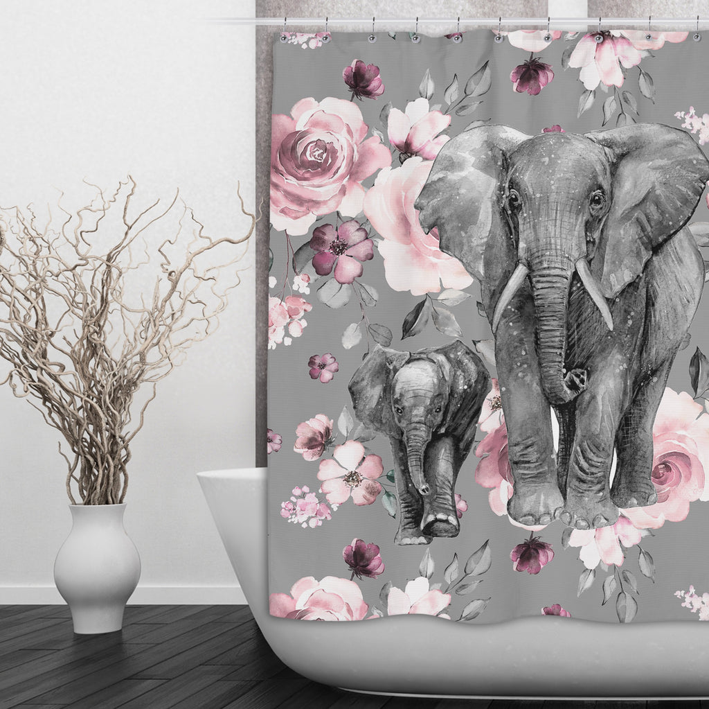 Pink Rose Mama and Baby Elephant Shower Curtains and Optional Bath Mats