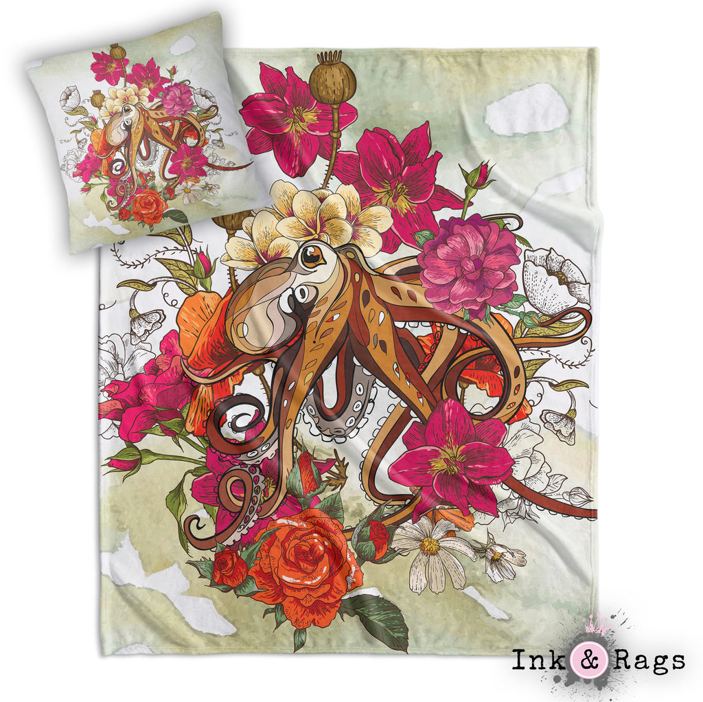 Octopus and Flowers Decorative Throw and Pillow Cover Set