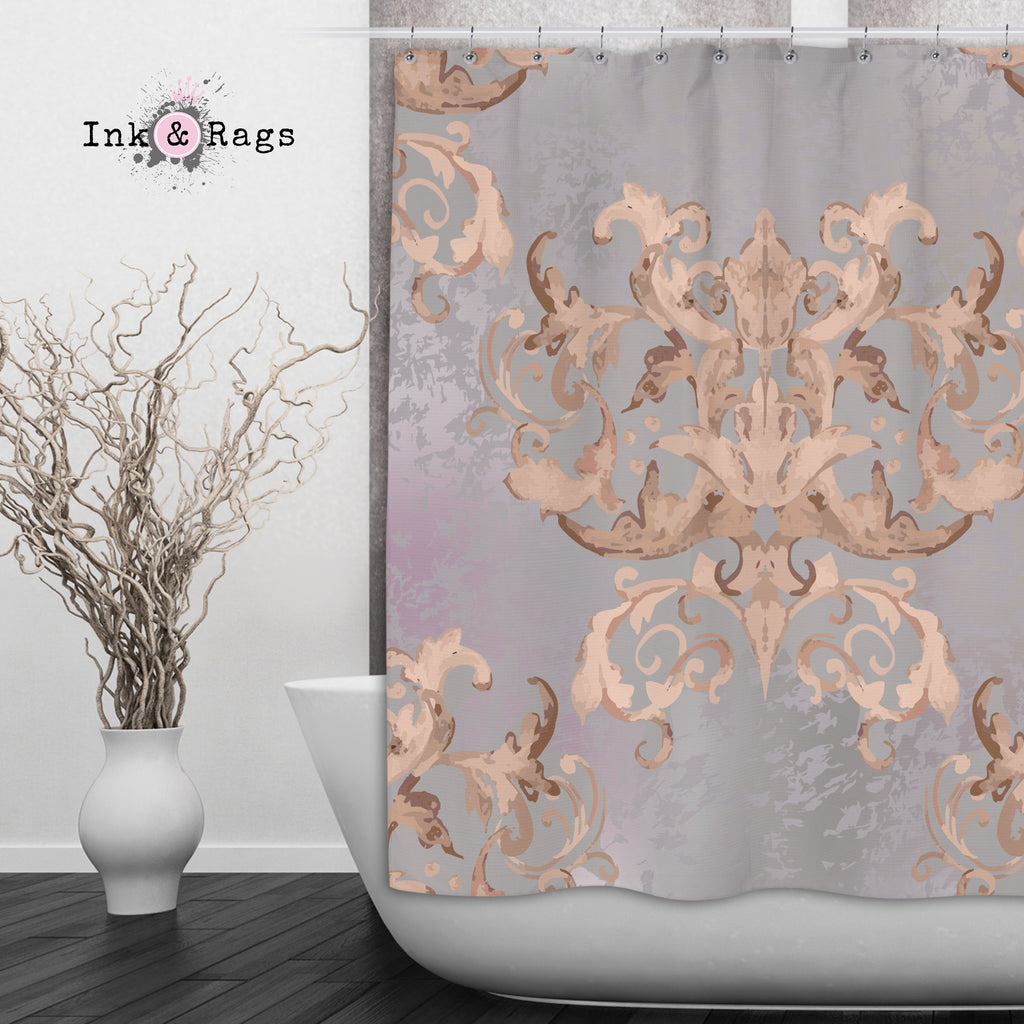 Dusk Watercolor Victorian Damask Shower Curtains and Optional Bath Mats