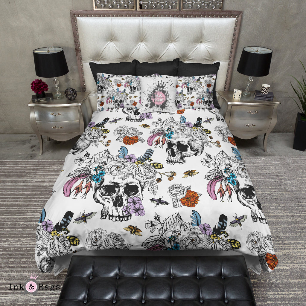 Colorful Flower and Feather Crown Skull Bedding Collection