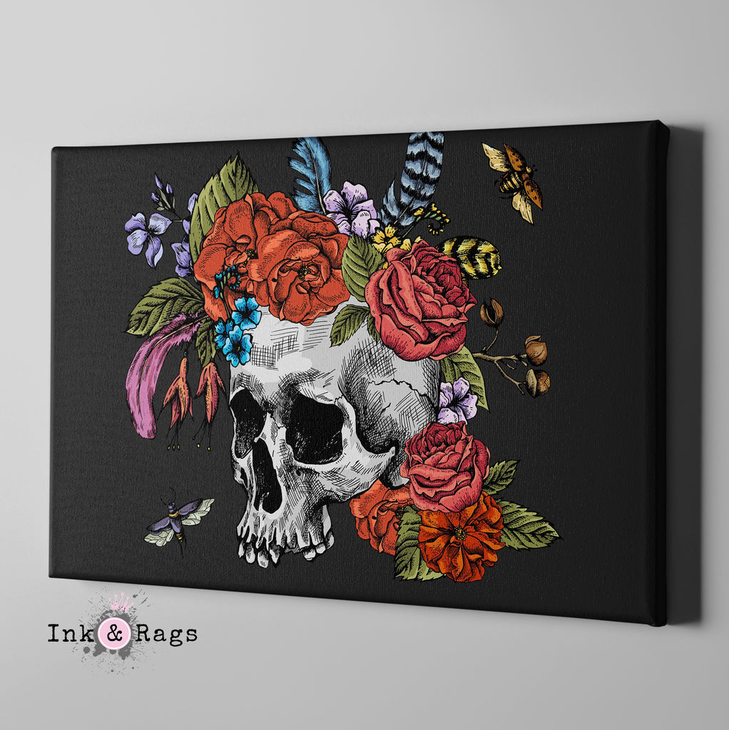 Botanical Feather Bees and Skull Gallery Wrapped Canvas