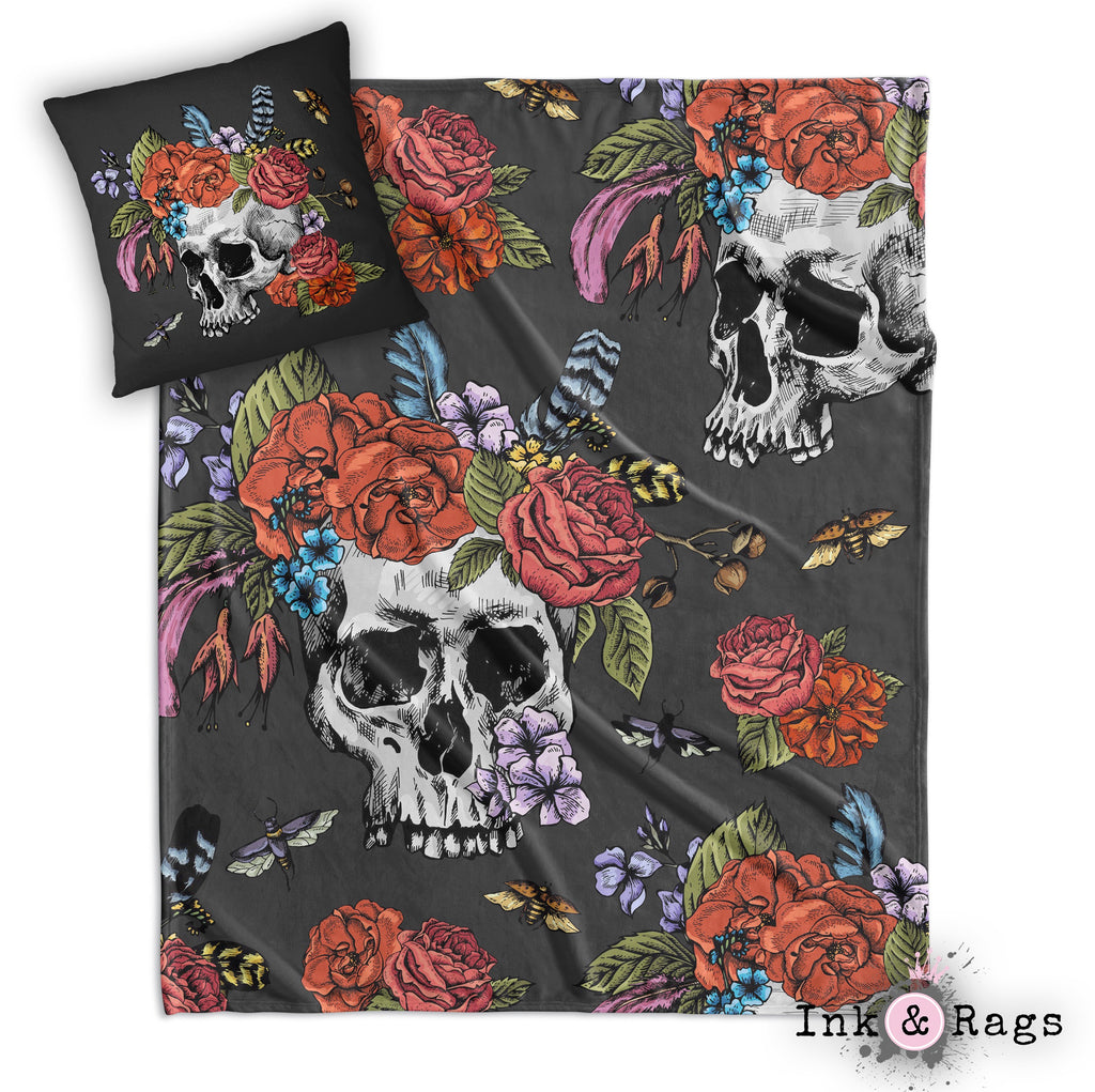 Botanical Feather Bees and Skull Decorative Throw and Pillow Cover Set