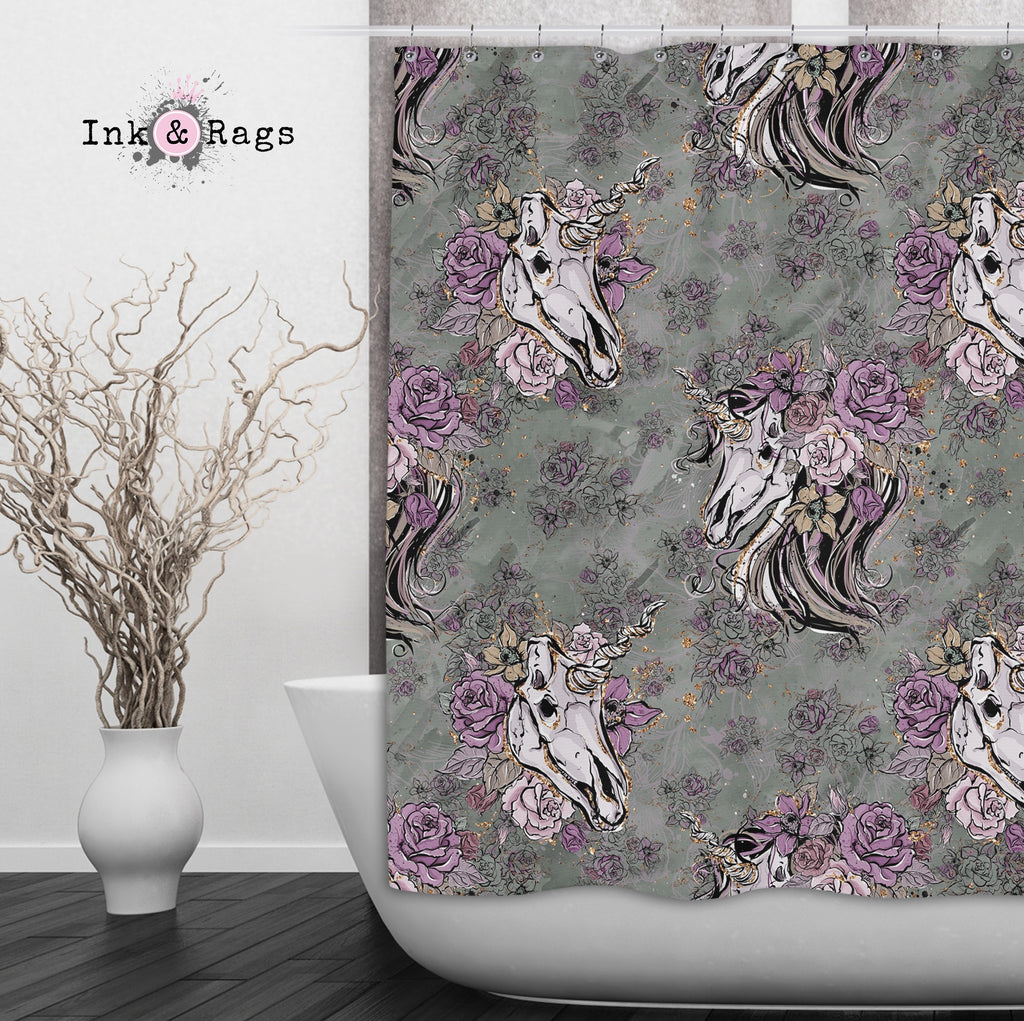Lavender and Sage Unicorn Skull Shower Curtains and Optional Bath Mats