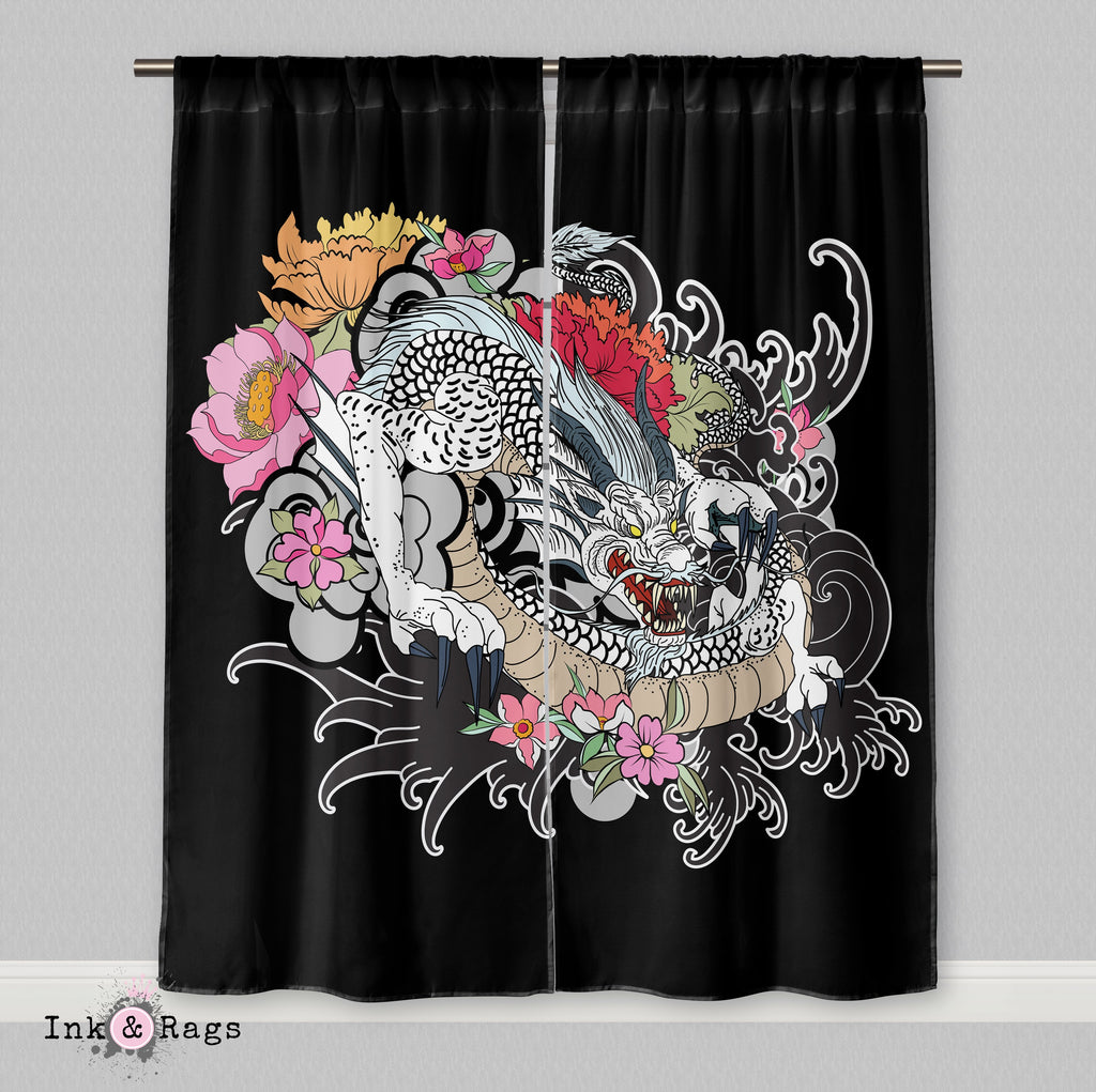 White Dragon Traditional Japanese Tattoo Style Curtains