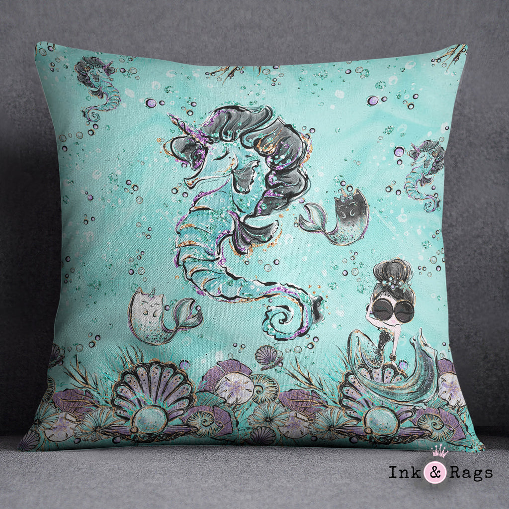 Breakfast At Tiffany Unicorn Seahorse Fashion Decorative Throw and Pillow Cover Set